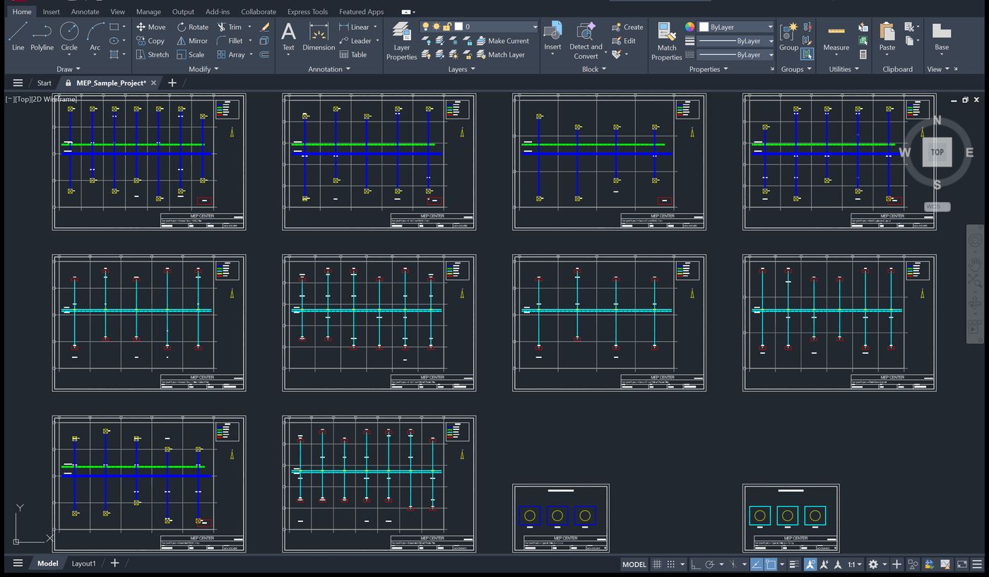 A multi-sheet drawing: 12 sheets side by side in AutoCAD model space