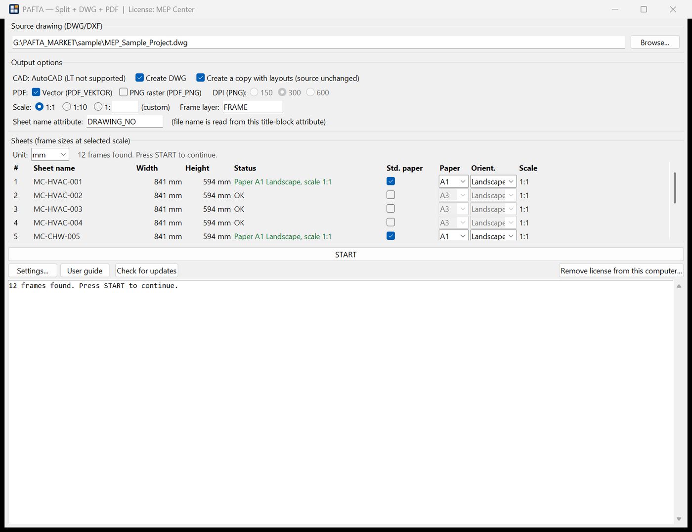 ANALYZE: every sheet listed with size, name, status and paper