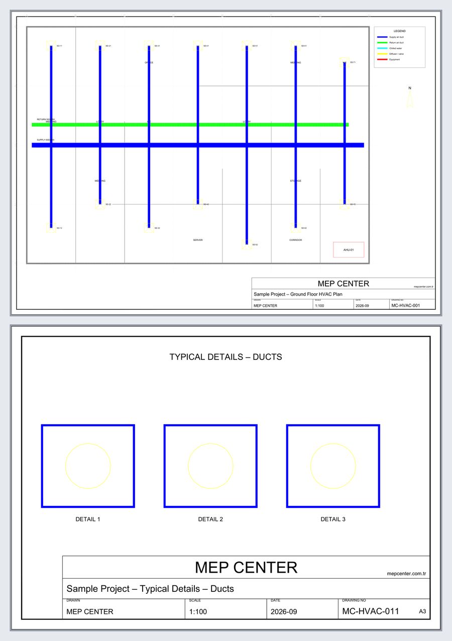 Vector PDF outputs: an A1 plan sheet and an A3 detail sheet