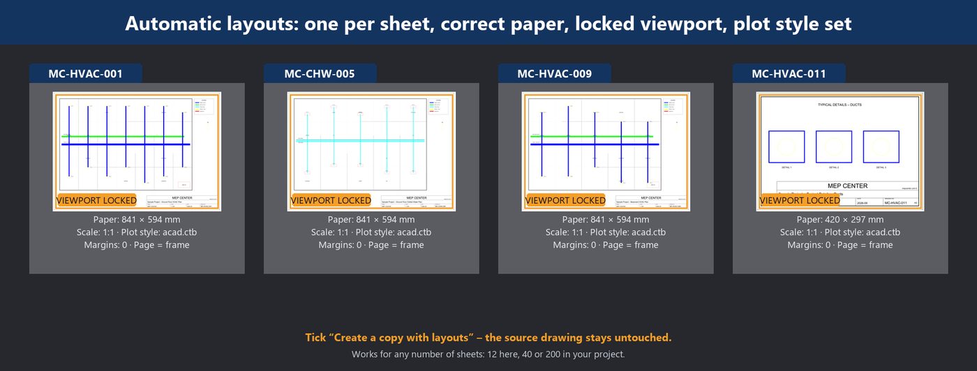 Automatic layouts: one per sheet, correct paper, locked viewport, plot style set